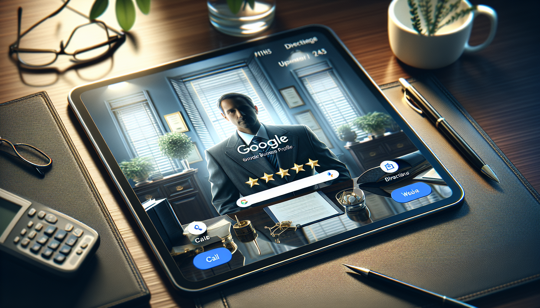 Guia de otimização do Google Meu Negócio mostrando um perfil profissional em um tablet.