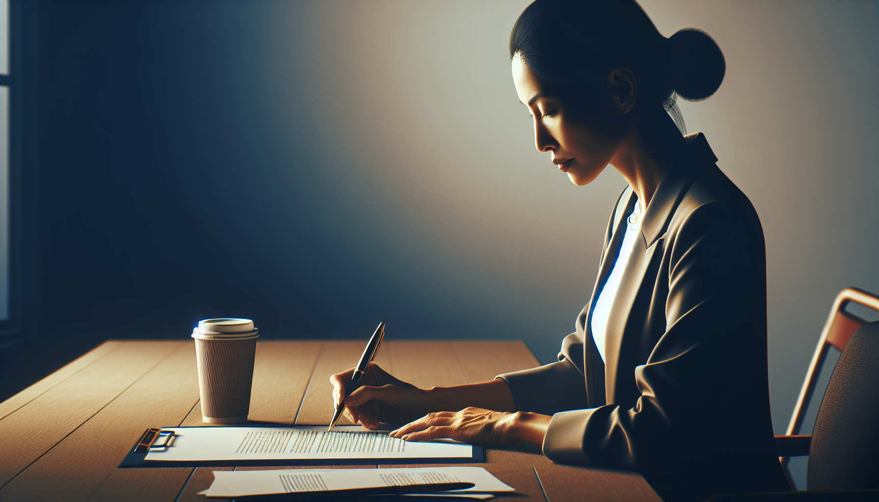 Profissional analisando proposta impressa de agência de SEO em mesa corporativa