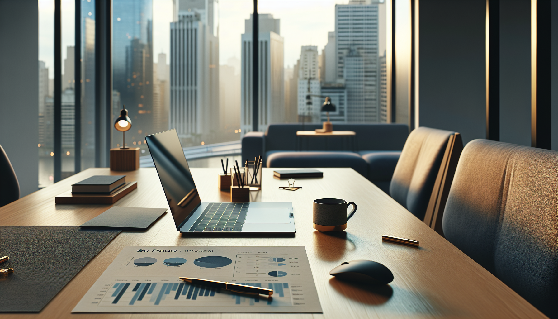 Mesa de trabalho minimalista em escritório de São Paulo com relatório de SEO impresso e laptop
