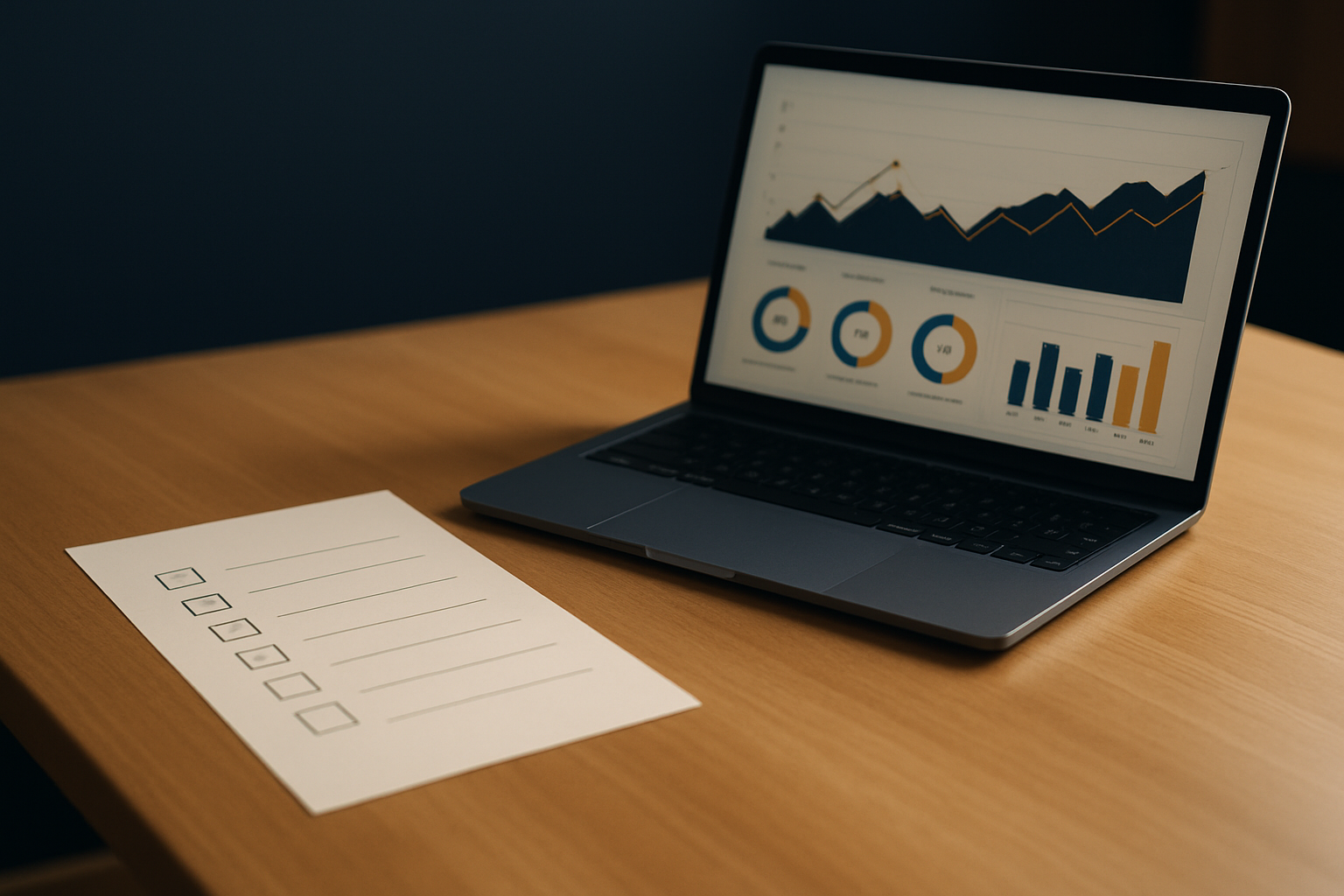 Mesa de trabalho com checklist impresso e notebook exibindo um painel de auditoria de Google Ads
