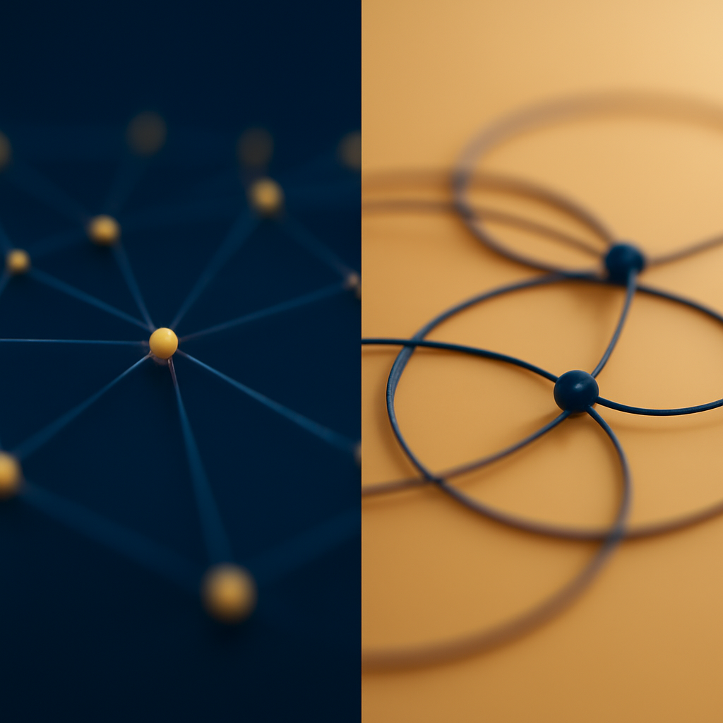 Ilustração abstrata dividida ao meio comparando dois tipos de campanha de mídia digital, em azul-marinho e dourado