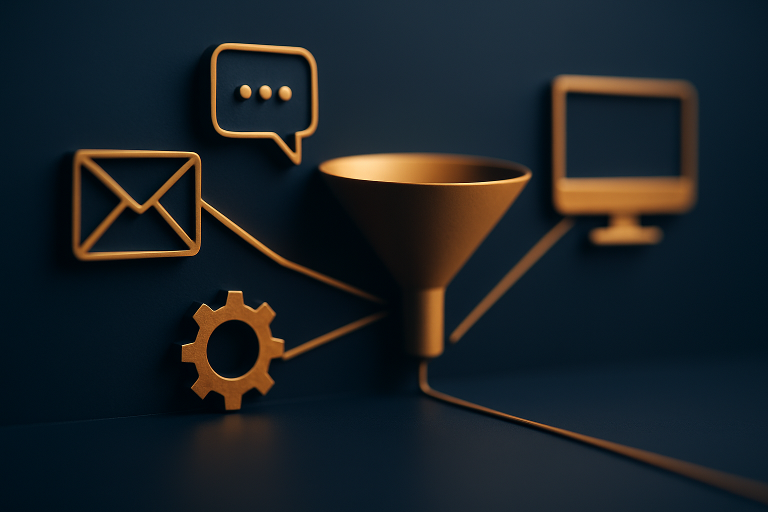 Representação abstrata de canais de marketing automatizados convergindo, em tons de azul-marinho e dourado