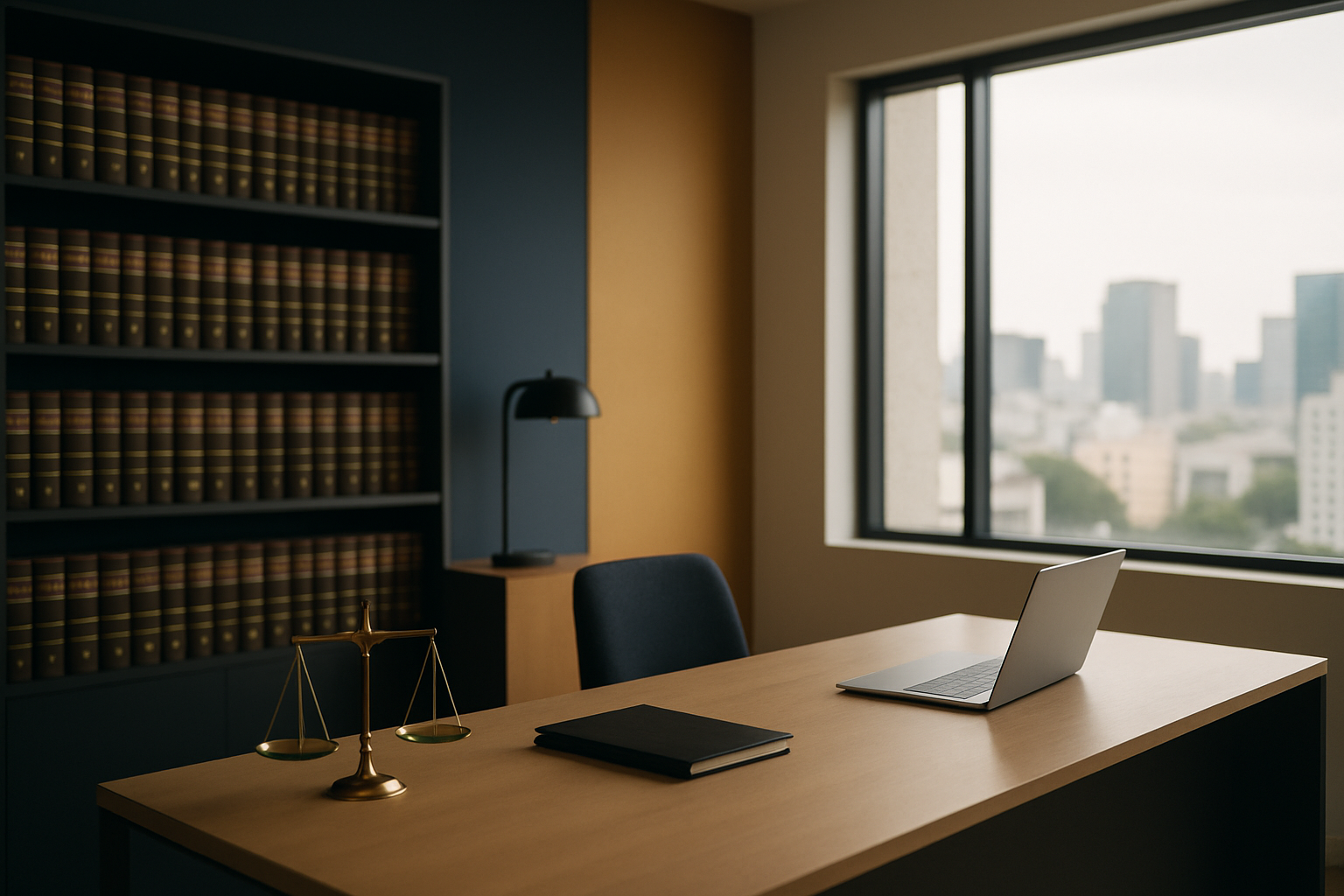 Interior de escritório de advocacia moderno e minimalista em São Paulo, sem pessoas, com estante de livros jurídicos ao fundo desfocada