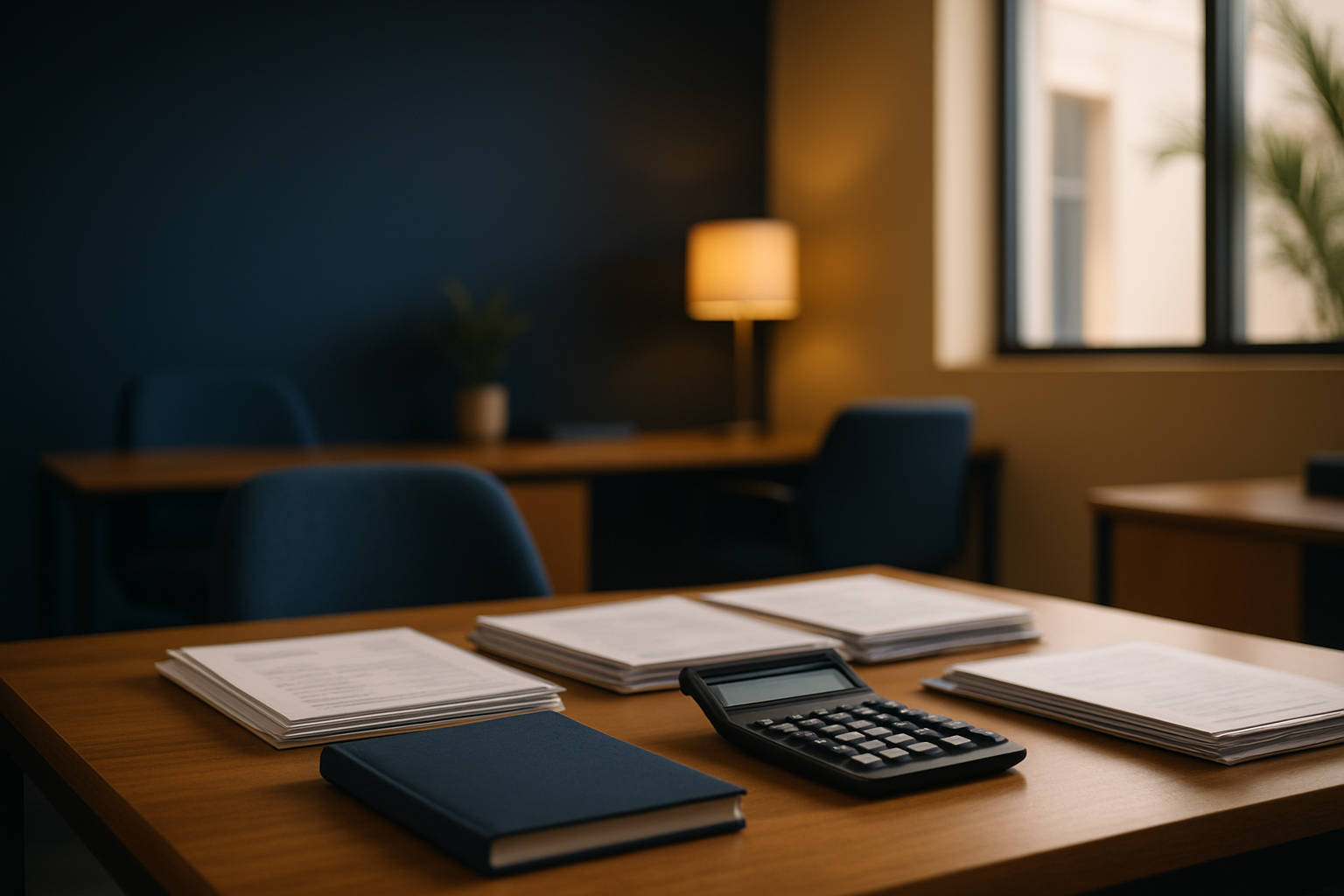 Mesa de escritorio de contabilidade com calculadora e documentos organizados, iluminacao em tons de azul-marinho e dourado