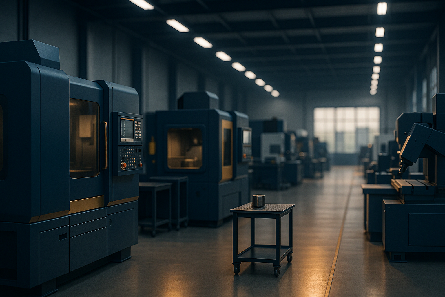 Chão de fábrica moderno com máquinas industriais e equipamento CNC, iluminação em tons de azul-marinho e dourado