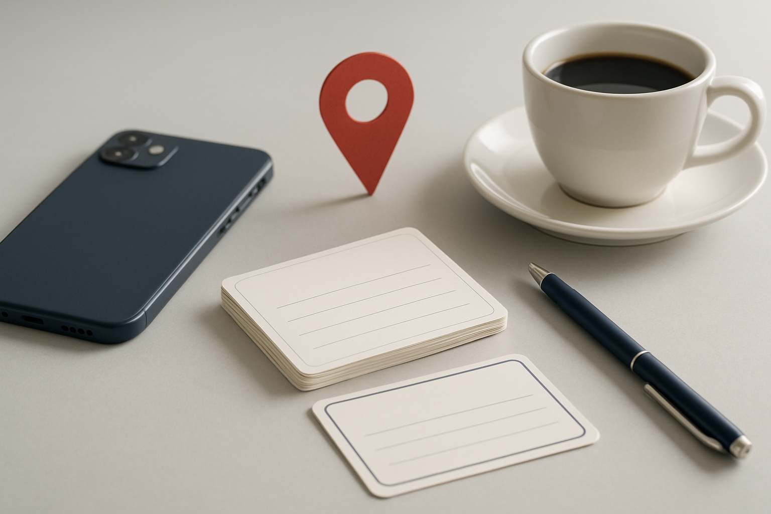 Mesa com celular, cartoes em branco e alfinete de localizacao representando avaliacoes no Google e reputacao no SEO local