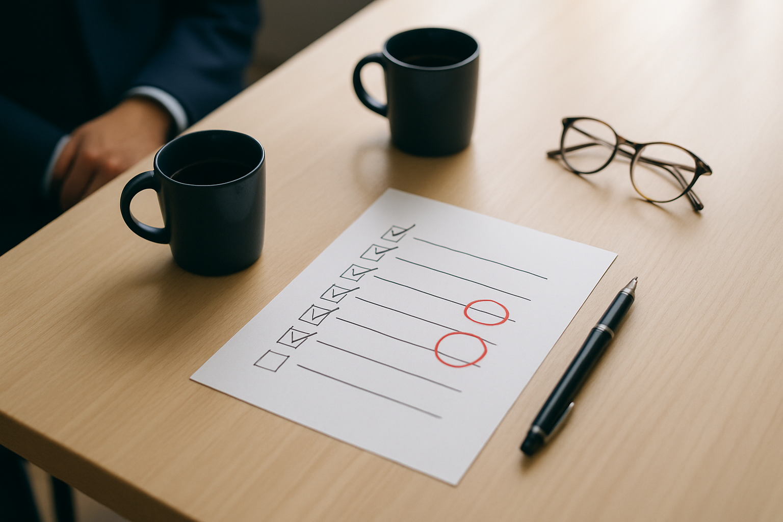 Mesa de reunião com checklist impresso e marcações à mão sobre como escolher um consultor de marketing confiável