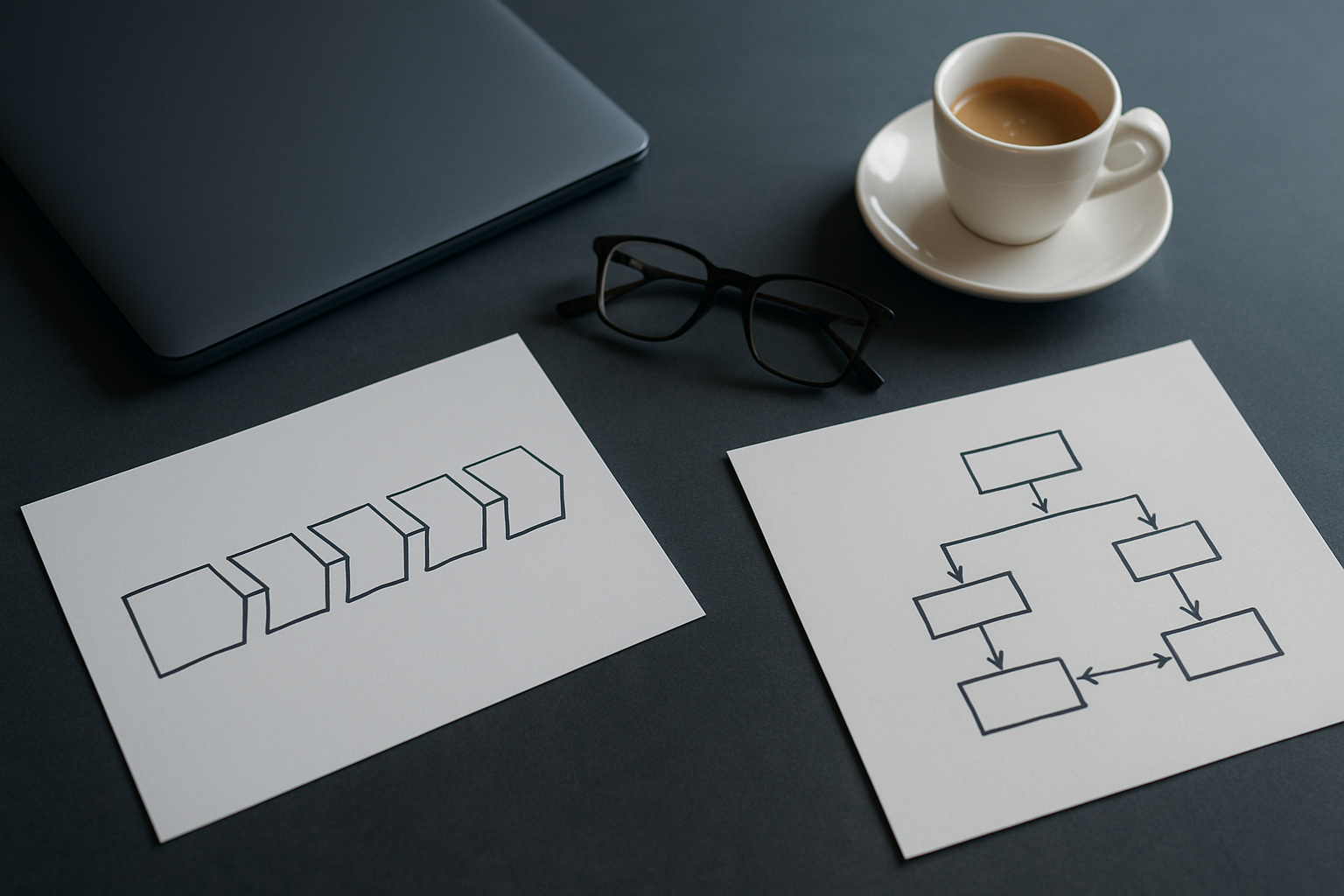 Mesa de reunião com diagrama de funil de venda B2B longo e comitê de decisão impresso, sobre consultoria de marketing para empresa de tecnologia