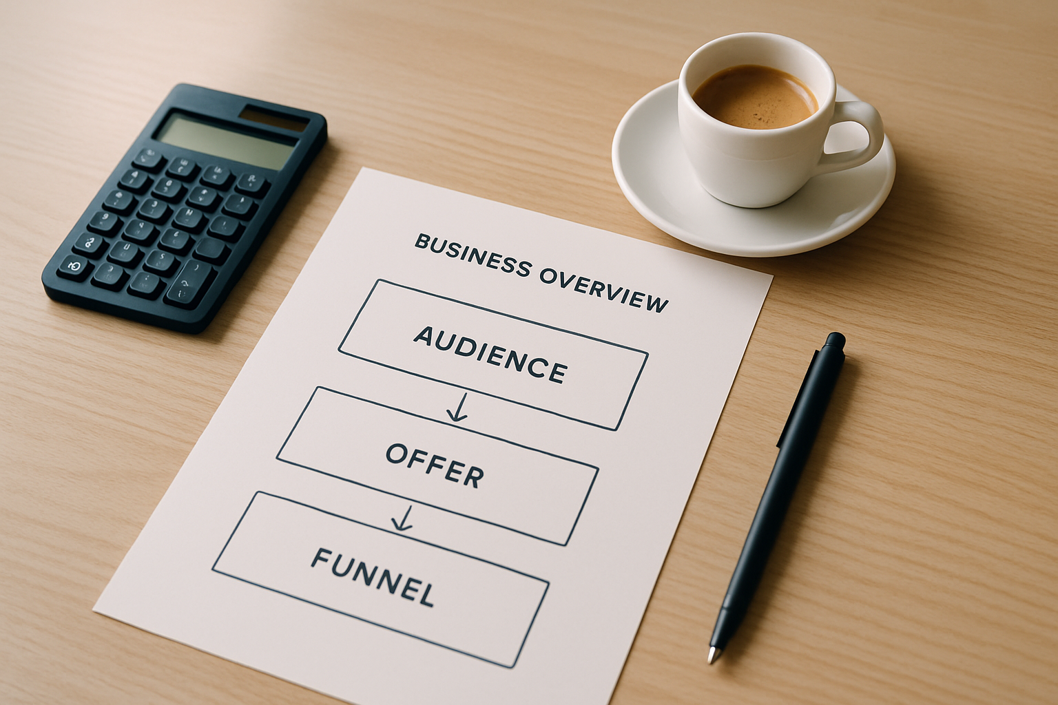 Mesa com panorama de negócio impresso e diagrama de funil para diagnóstico de marketing antes de investir