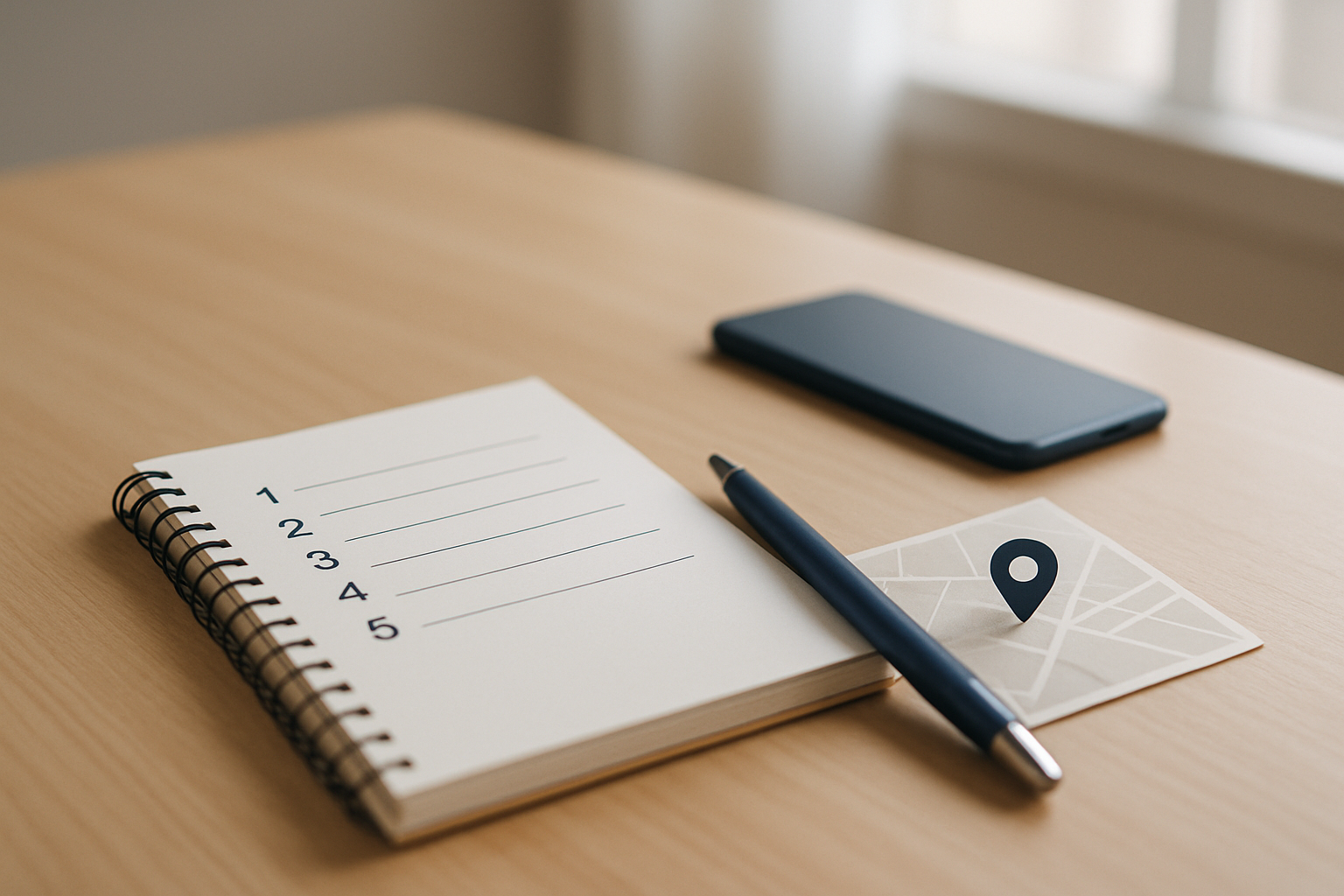 Mesa com checklist numerado, mapa com alfinete e caneta representando a estrategia de SEO local passo a passo