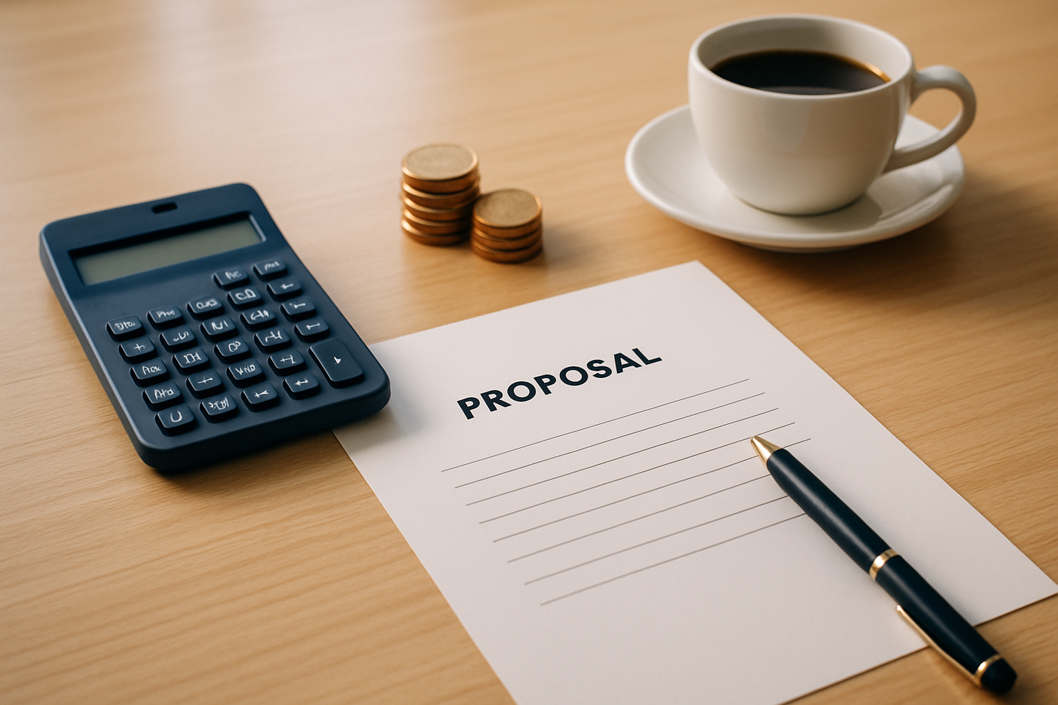 Mesa com proposta impressa, calculadora e moedas representando quanto custa contratar uma agencia de SEO