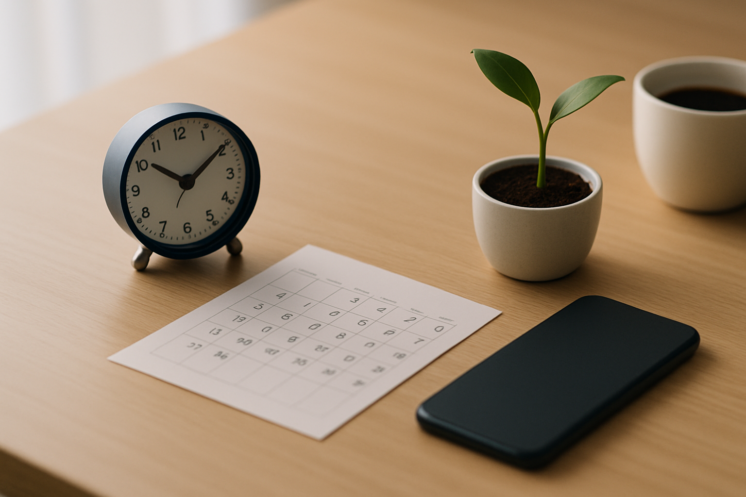Mesa com relogio, calendario e broto de planta representando o tempo que o SEO local demora para dar resultado