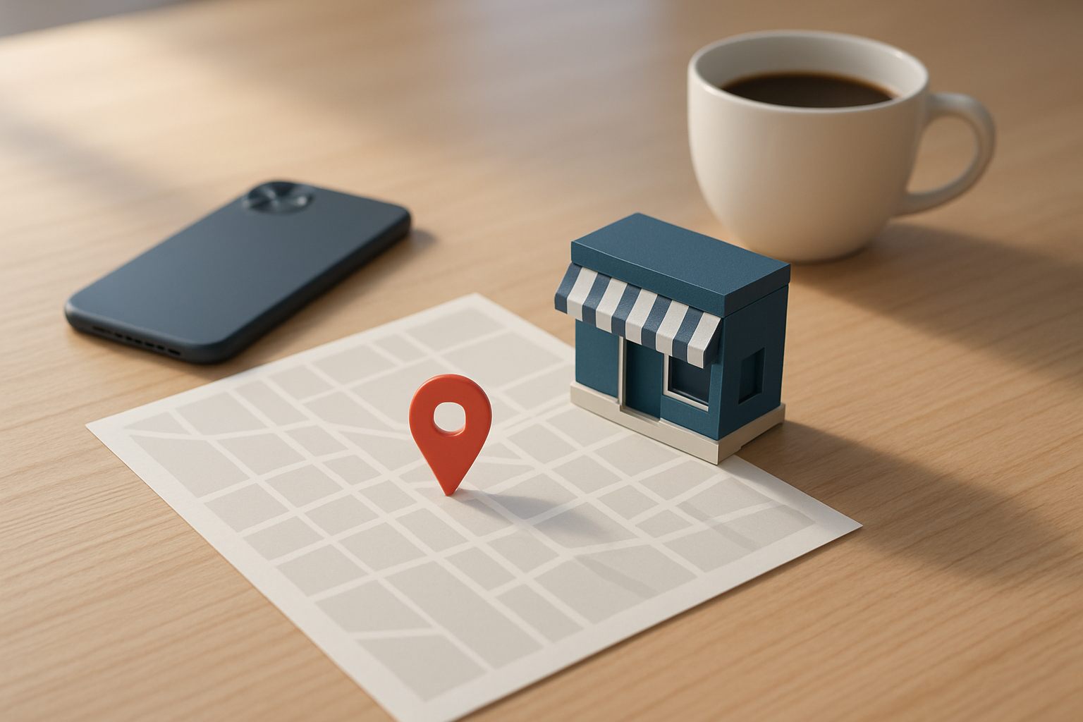 Mesa com mapa impresso de cidade e alfinete de localizacao representando SEO local para negocios de uma regiao