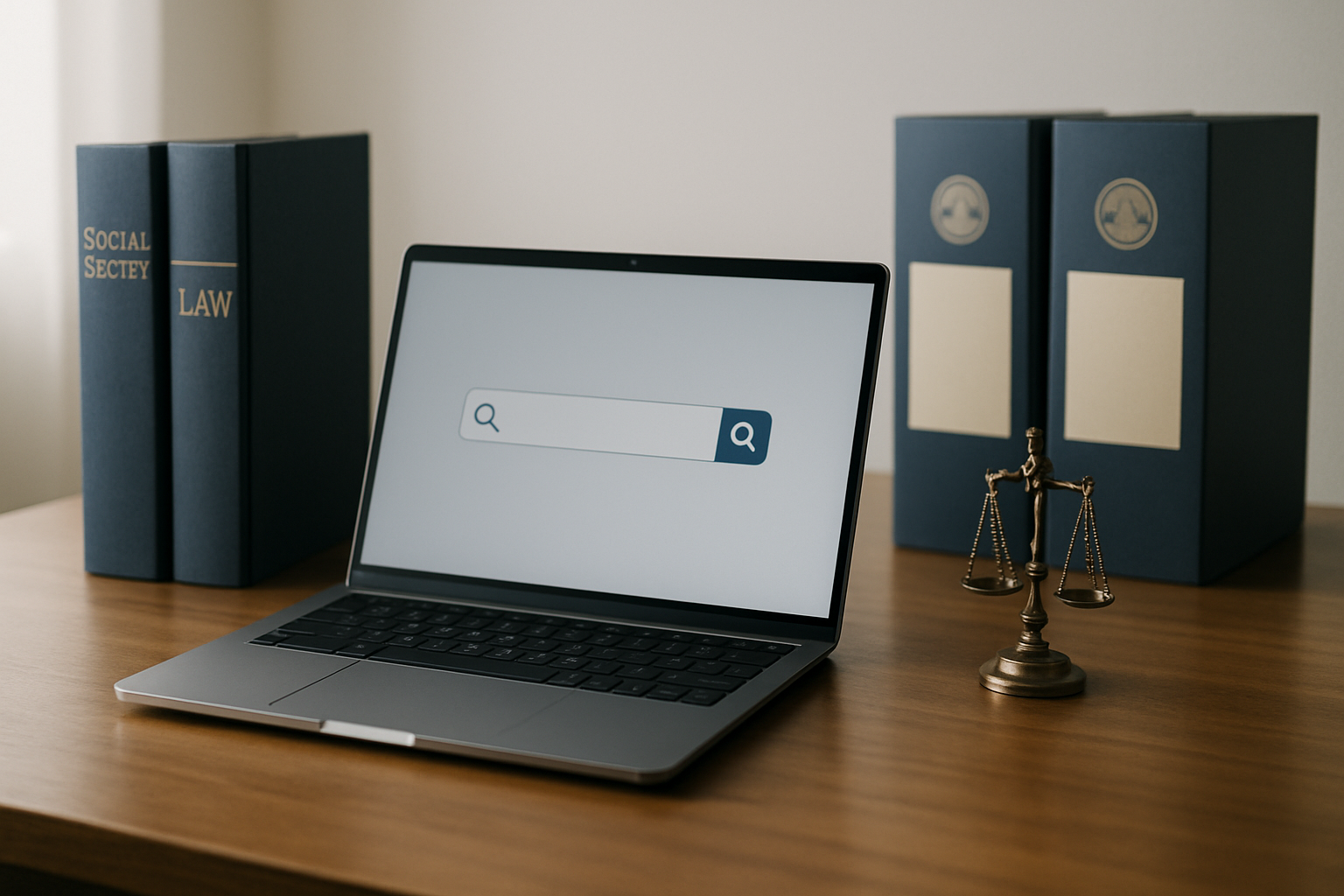 Mesa de advogado previdenciário com laptop e balança da justiça, representando Google Ads dentro das regras da OAB