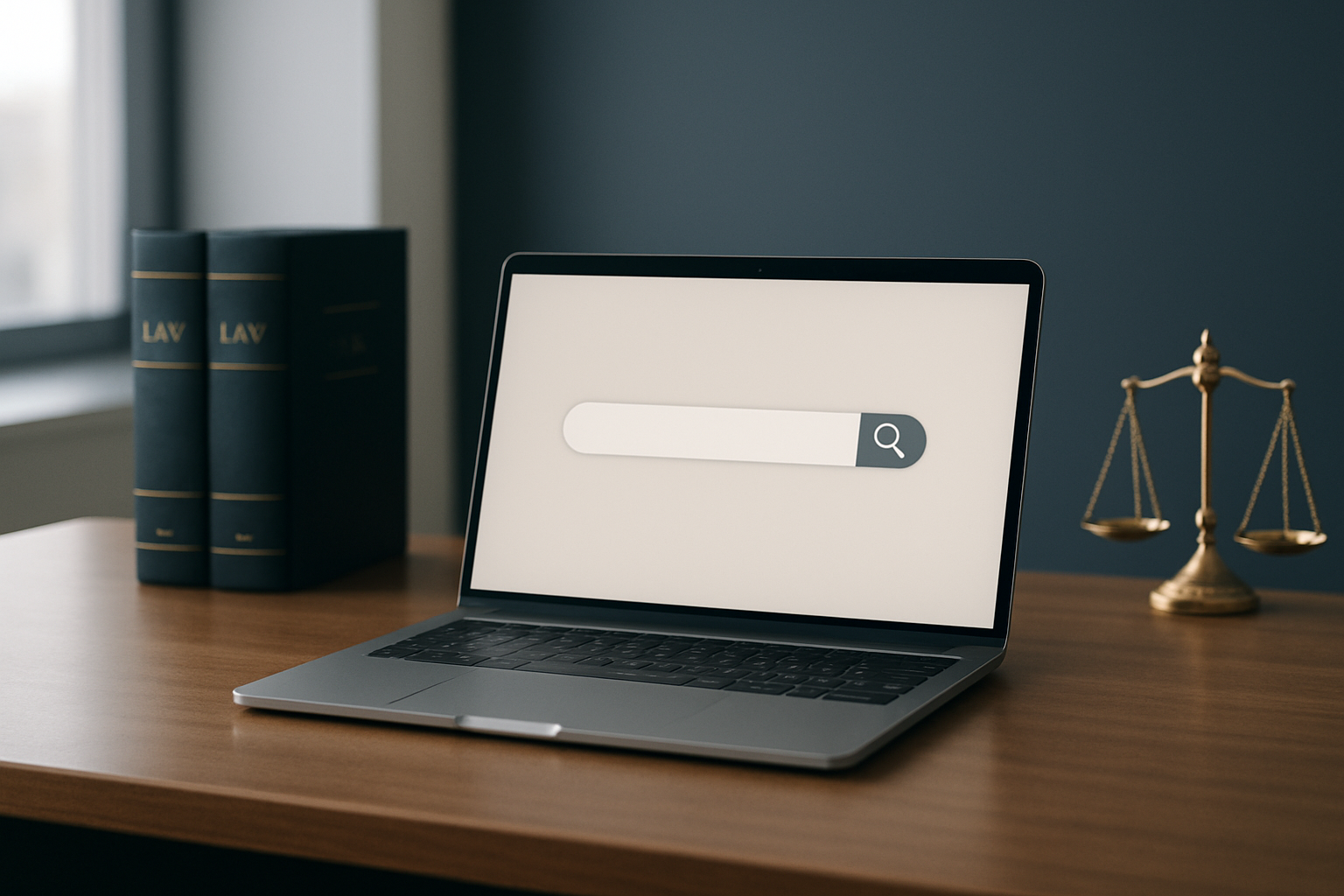 Mesa de advogado com laptop e balança da justiça, representando Google Ads para advogados dentro das regras da OAB