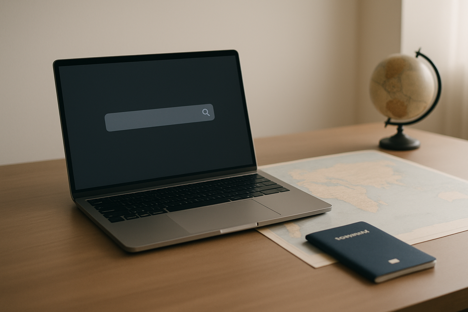 Mapa-múndi, passaporte e laptop sobre mesa clara representando Google Ads para agência de viagens