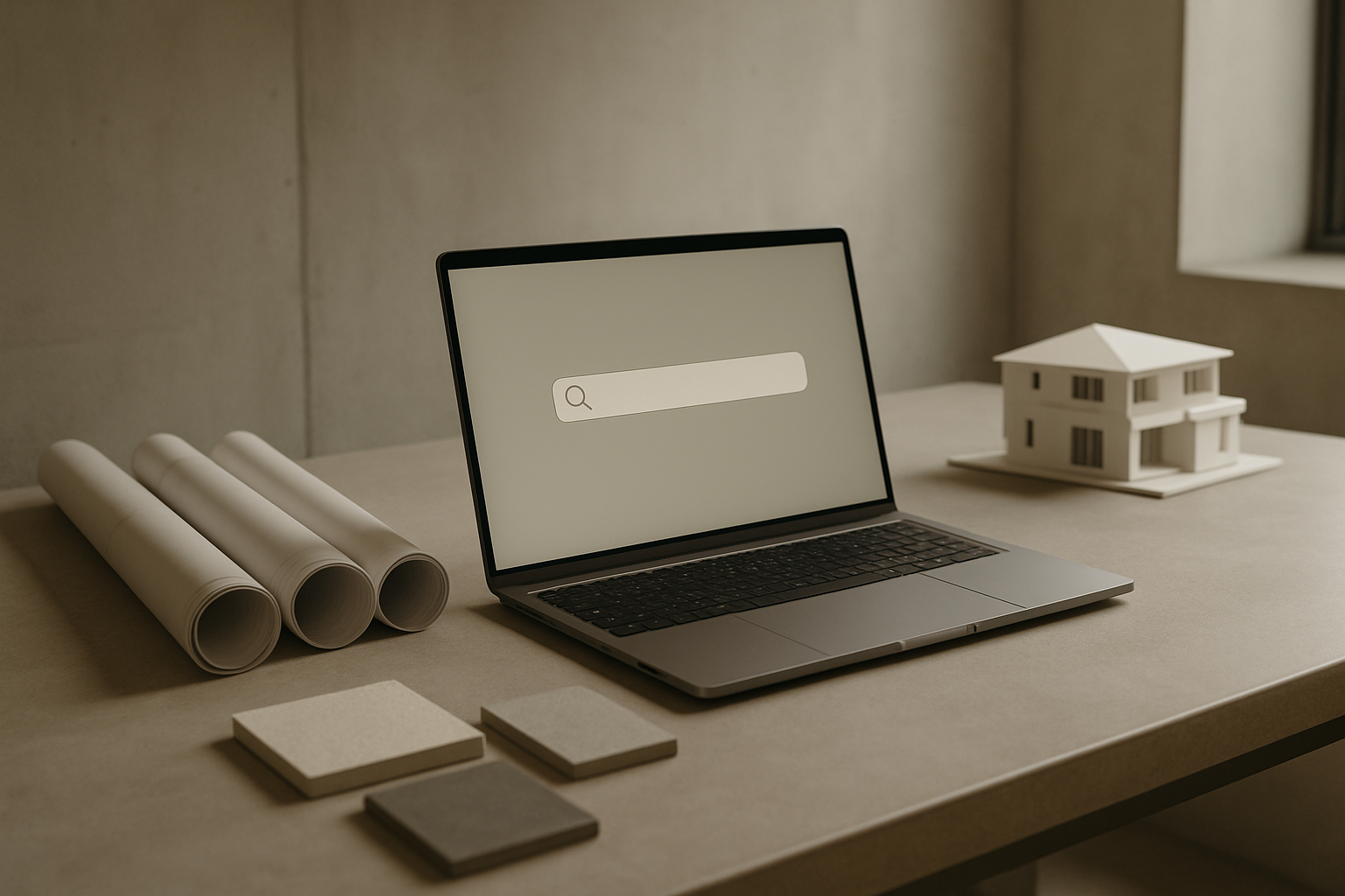 Mesa de escritório de arquitetura com laptop, plantas e maquete, representando Google Ads para arquitetos dentro das regras do CAU