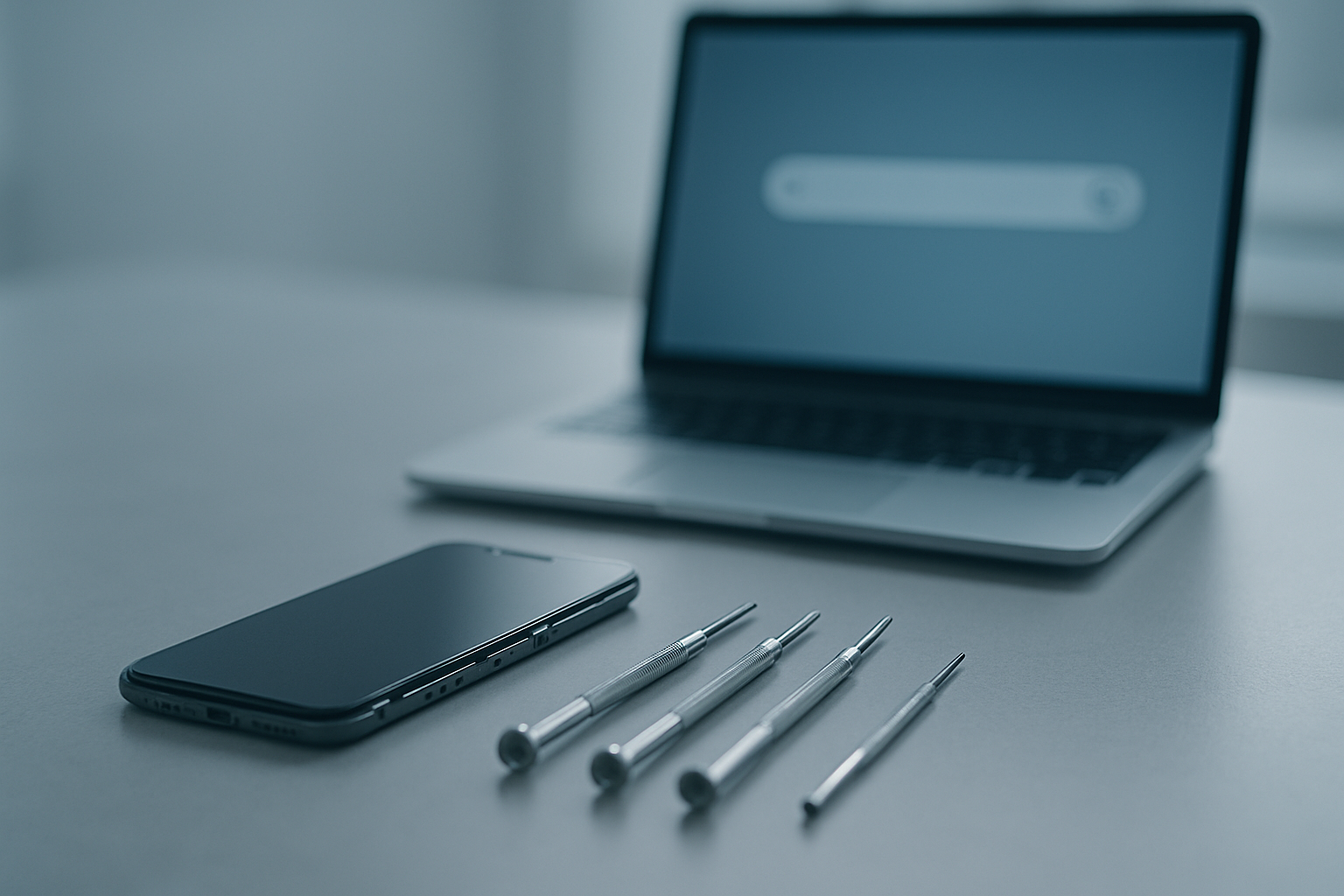 Bancada de assistência técnica com celular aberto e ferramentas, representando Google Ads para assistência técnica local