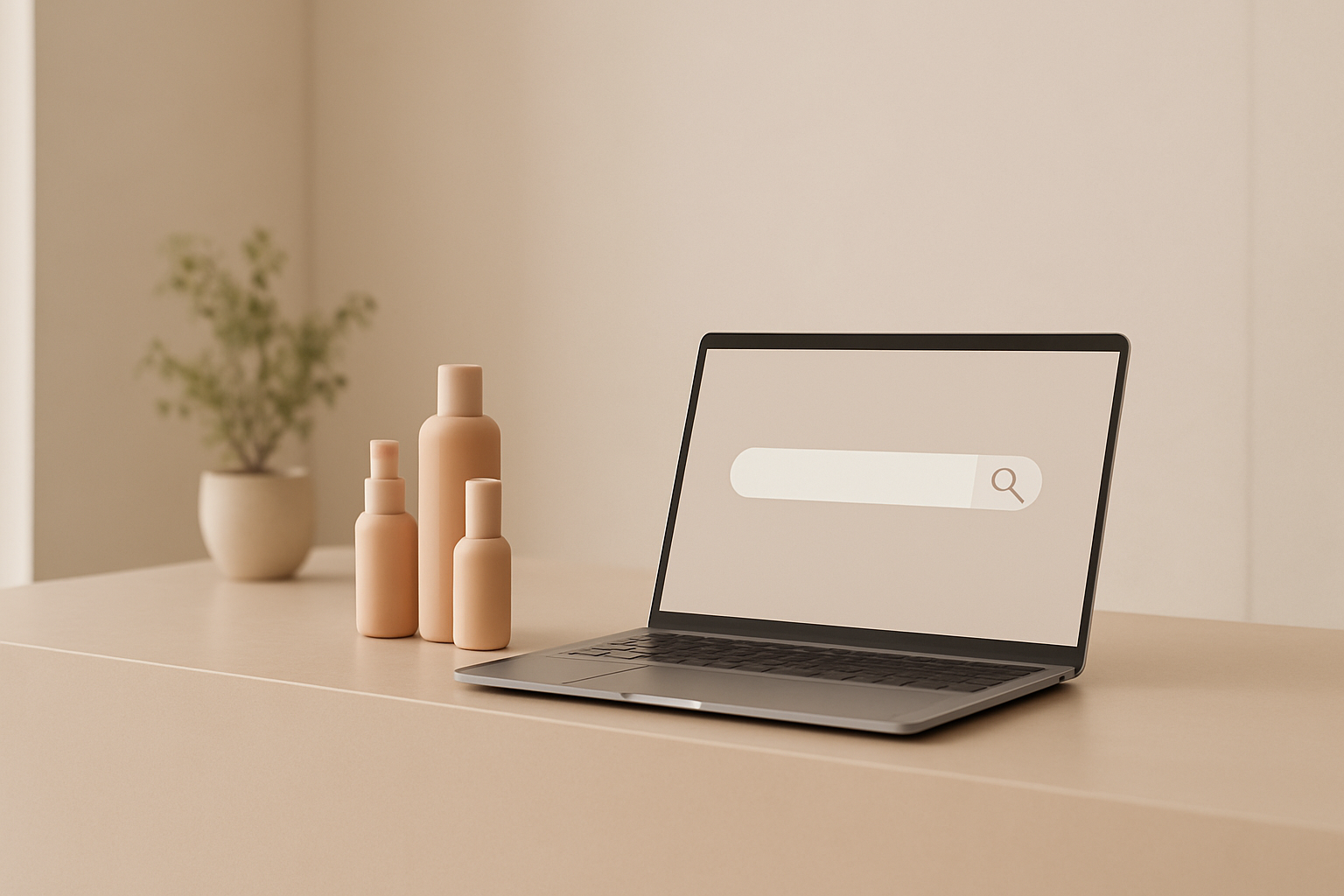 Recepção minimalista de clínica de estética com laptop, representando Google Ads para clínica de estética dentro das regras do CFM