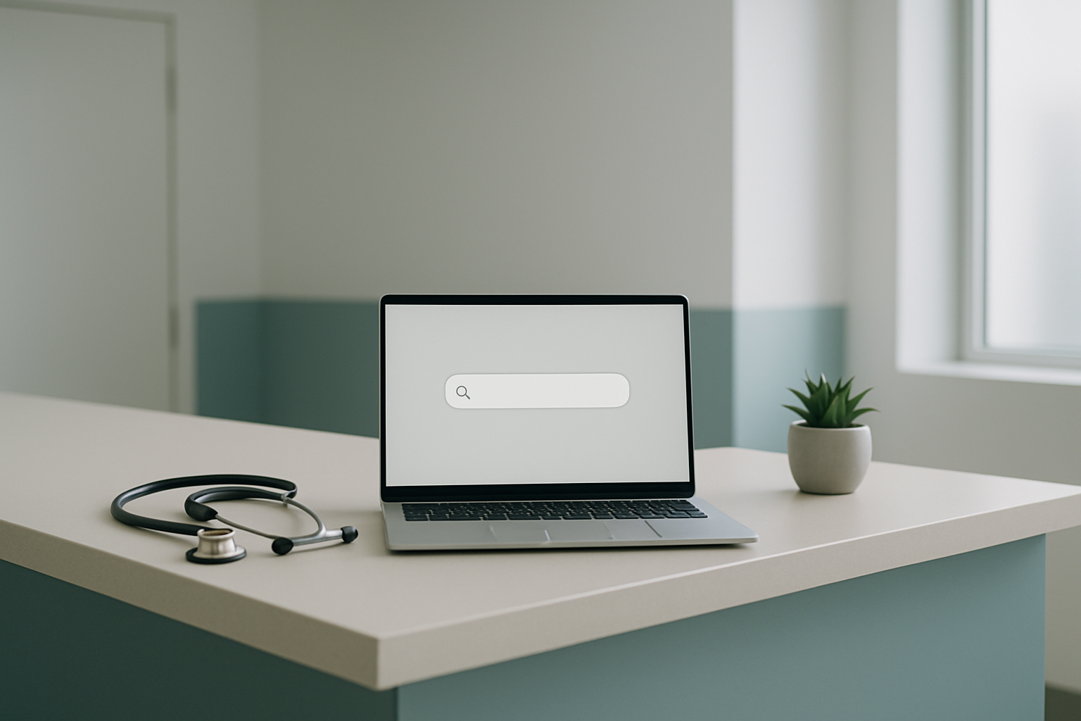 Recepção de clínica médica com laptop e estetoscópio, representando Google Ads para clínicas médicas dentro das regras do CFM