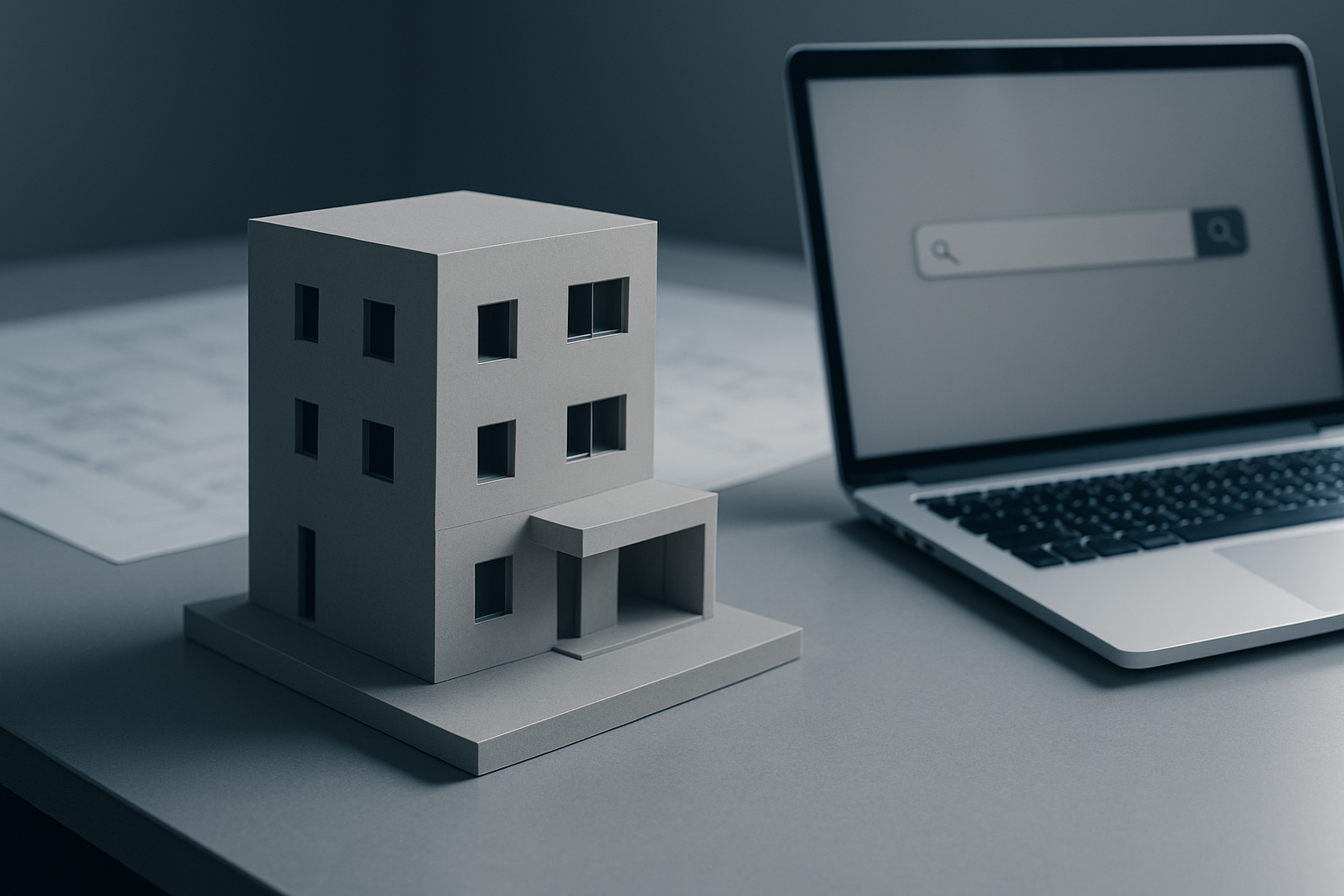 Maquete de prédio residencial e laptop com busca, representando Google Ads para construtoras e captação de lead de lançamento