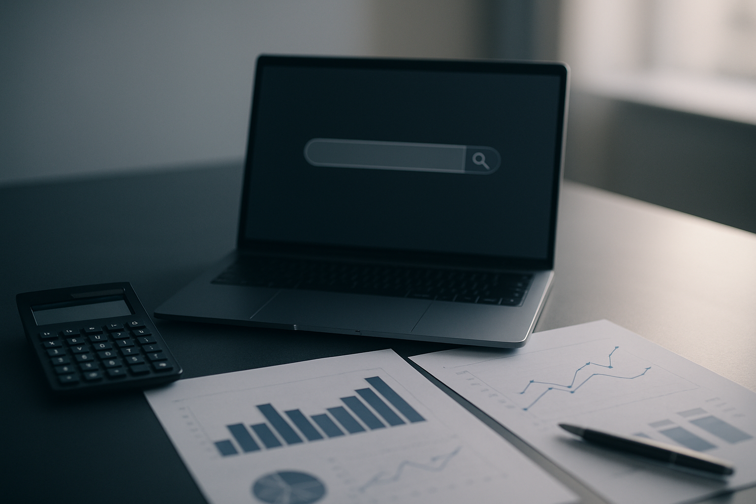 Mesa de consultor financeiro com laptop e gráficos, representando Google Ads para consultoria financeira e contábil B2B
