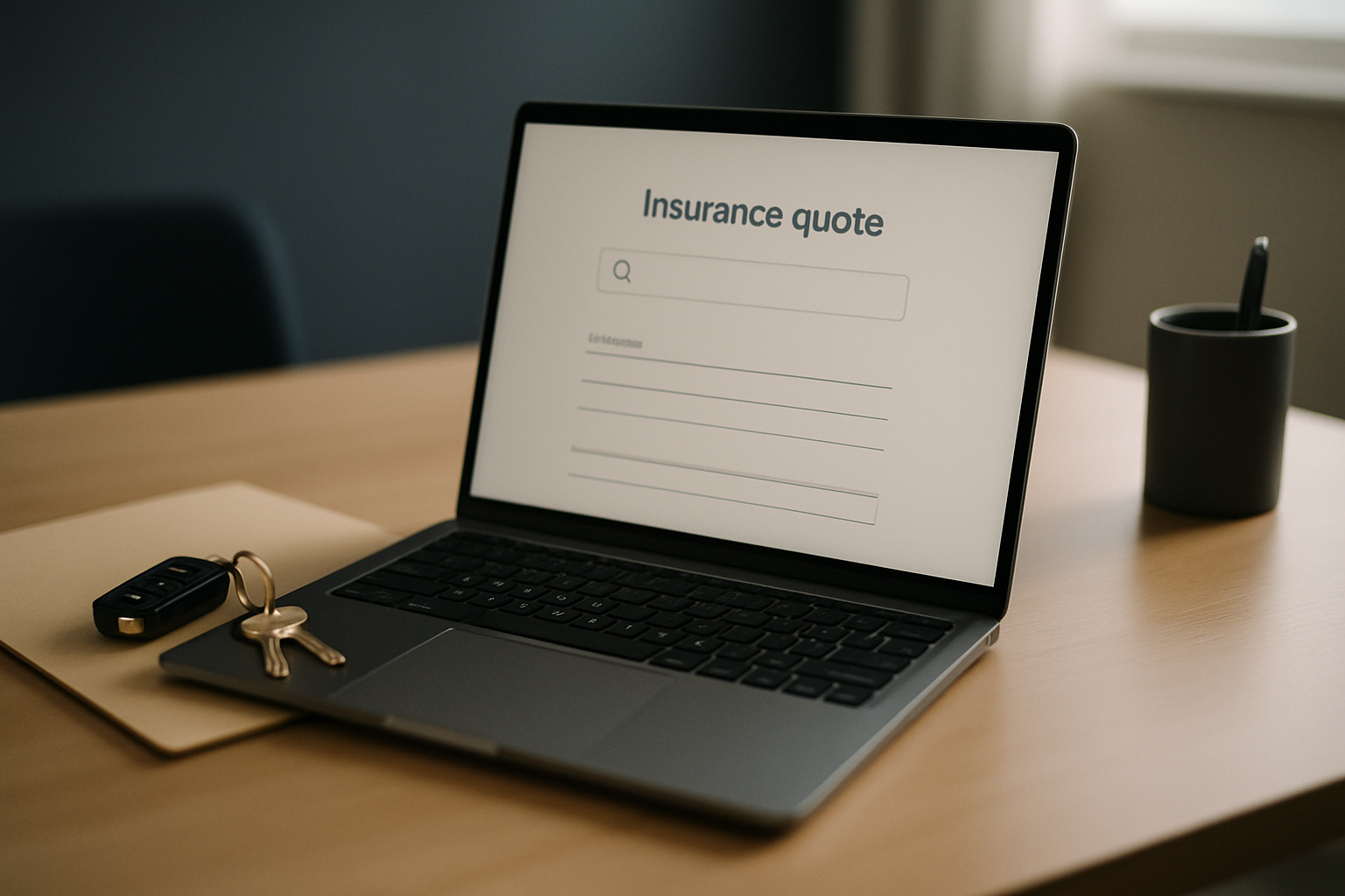 Mesa com laptop exibindo formulário de cotação, representando Google Ads para corretor de seguros