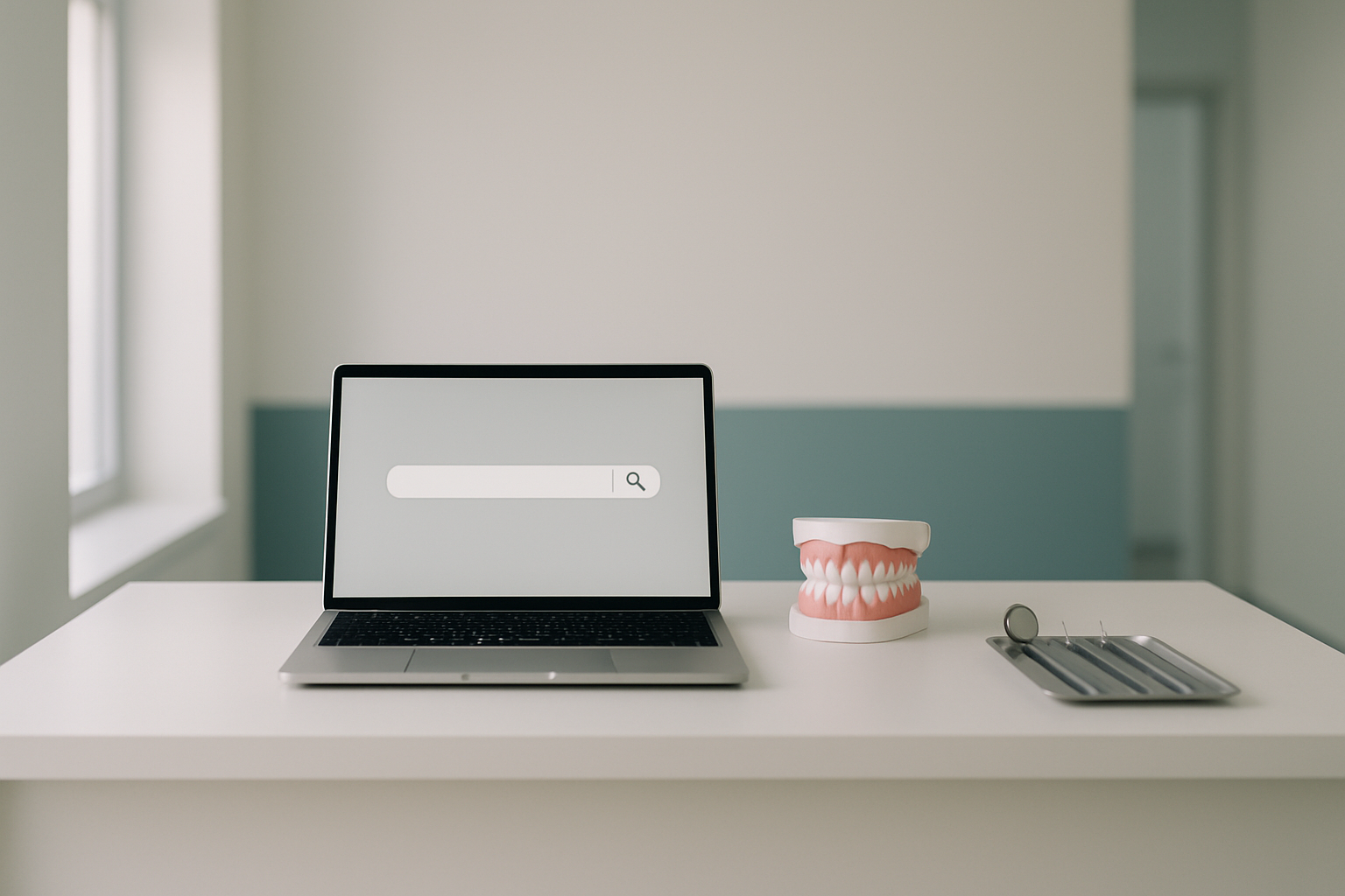 Recepção de clínica odontológica com laptop, representando Google Ads para dentistas dentro das regras do CFO