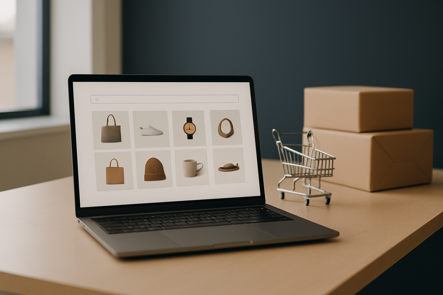Notebook em loja virtual com vitrine de produtos e carrinho, representando Google Ads para ecommerce com Shopping e Performance Max