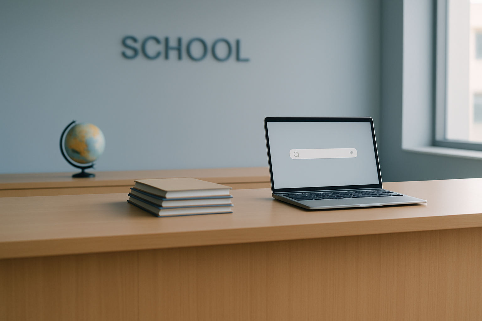 Recepção de escola com laptop e materiais de estudo, representando Google Ads para escolas na janela de matrícula