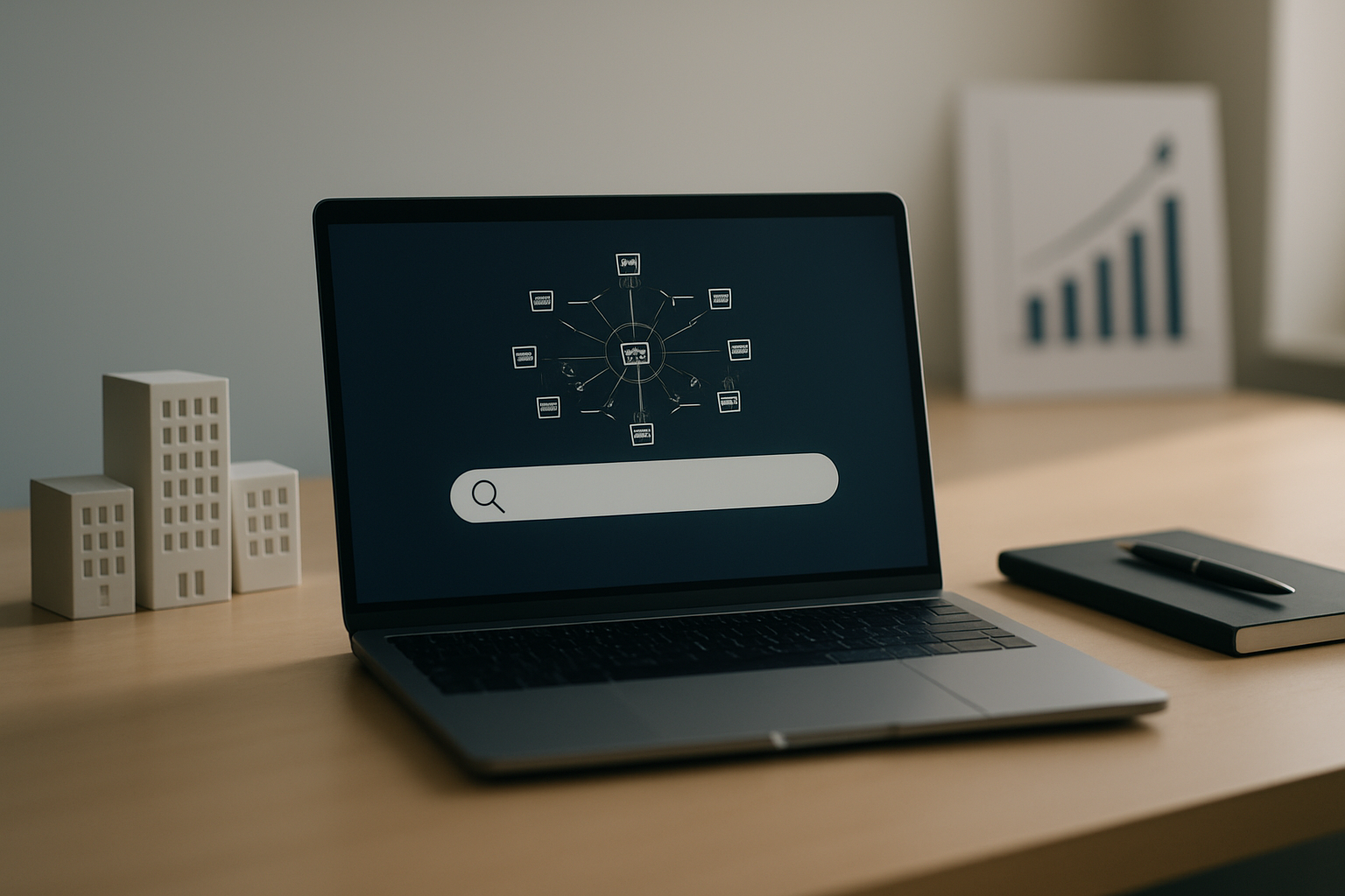 Mesa com laptop e diagrama de rede de unidades, representando Google Ads para franquias para captar franqueado