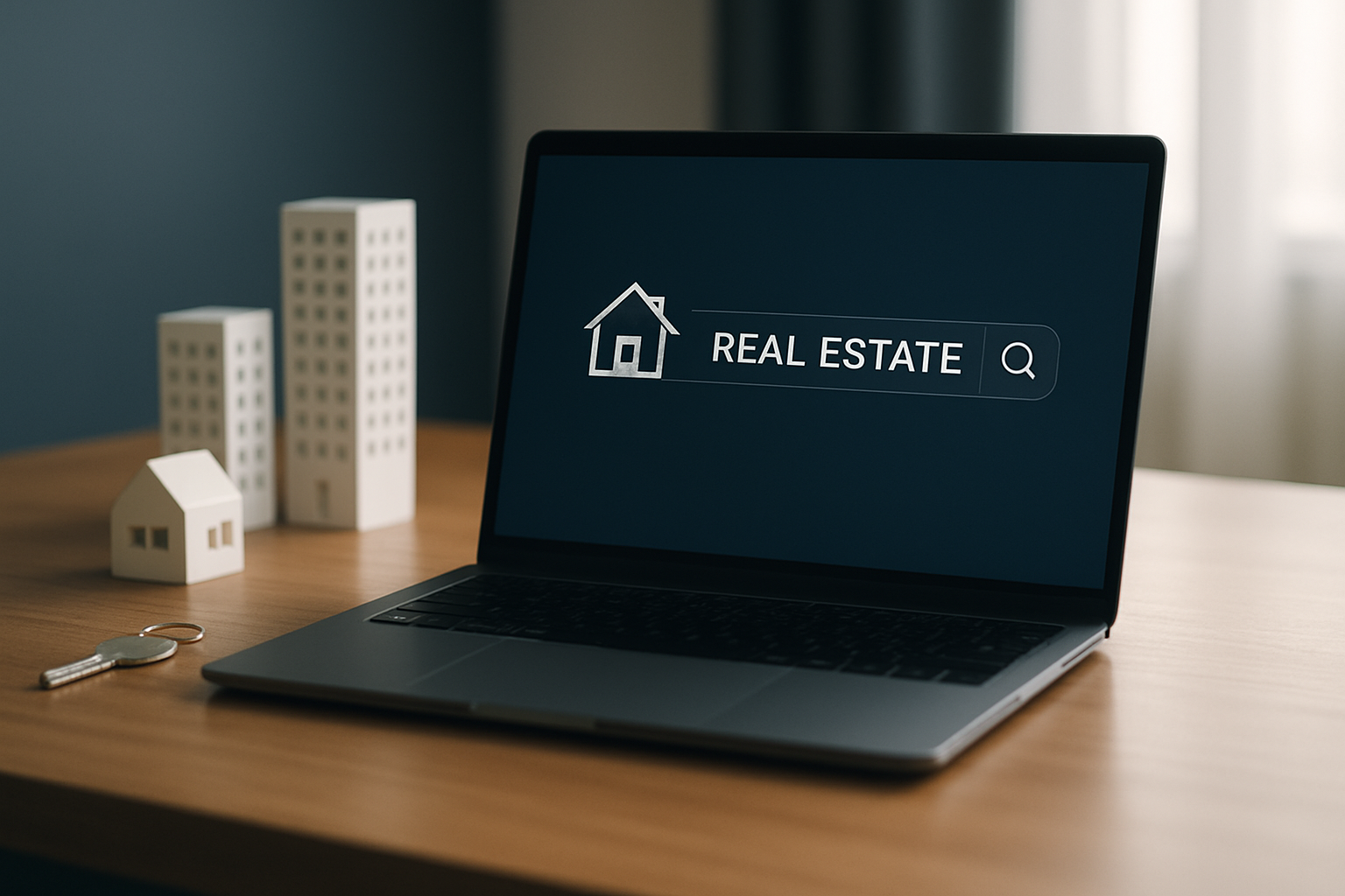 Maquete de prédios e laptop com busca de imóveis, representando Google Ads para imobiliárias e corretores
