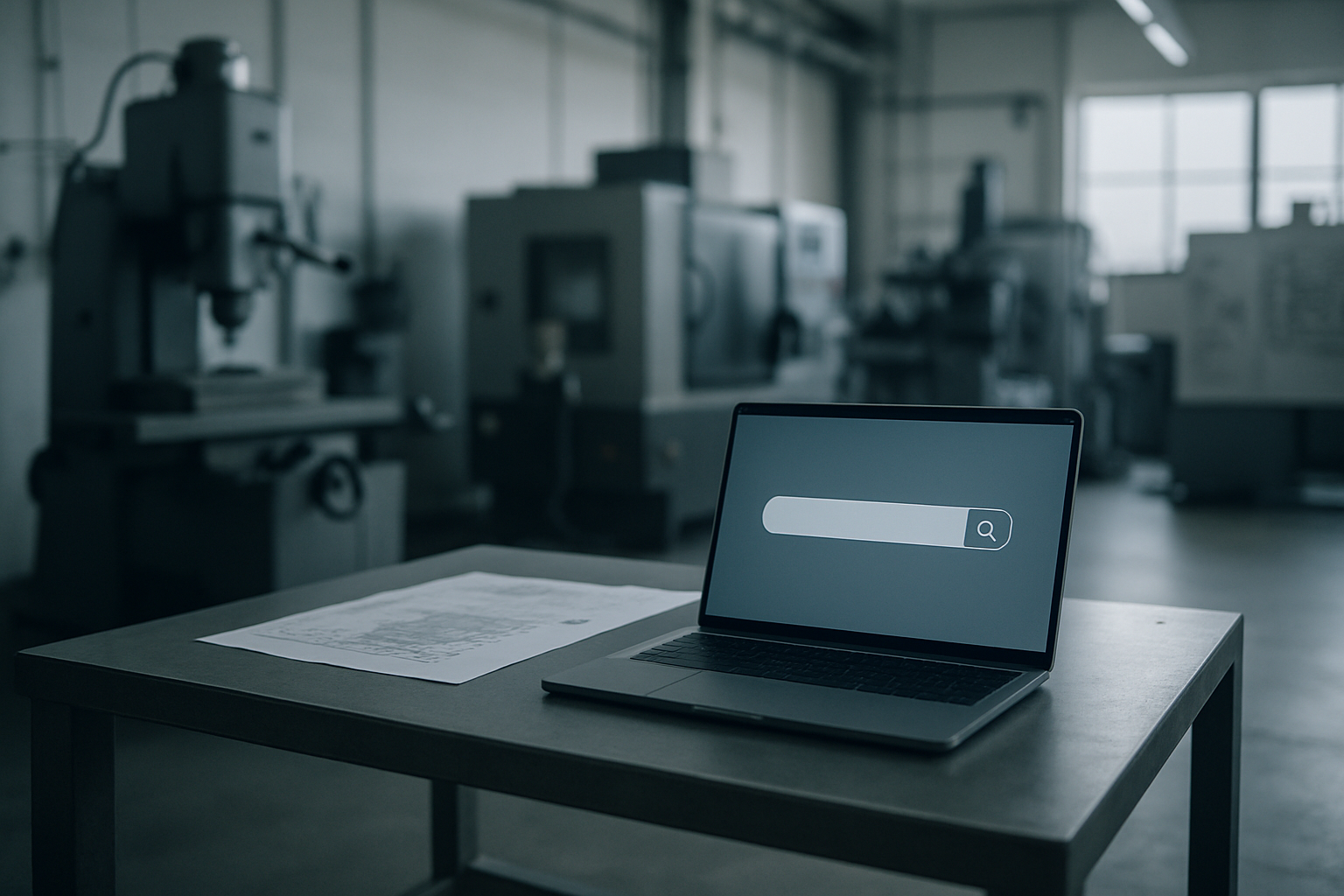 Bancada industrial com laptop e projetos técnicos, representando Google Ads para indústria B2B e captação de comprador técnico