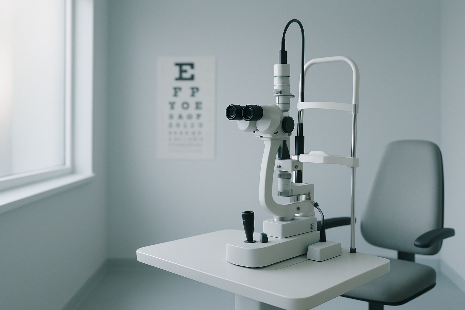 Consultório de oftalmologia com equipamento de exame de visão, representando Google Ads para oftalmologistas dentro das regras da CFM