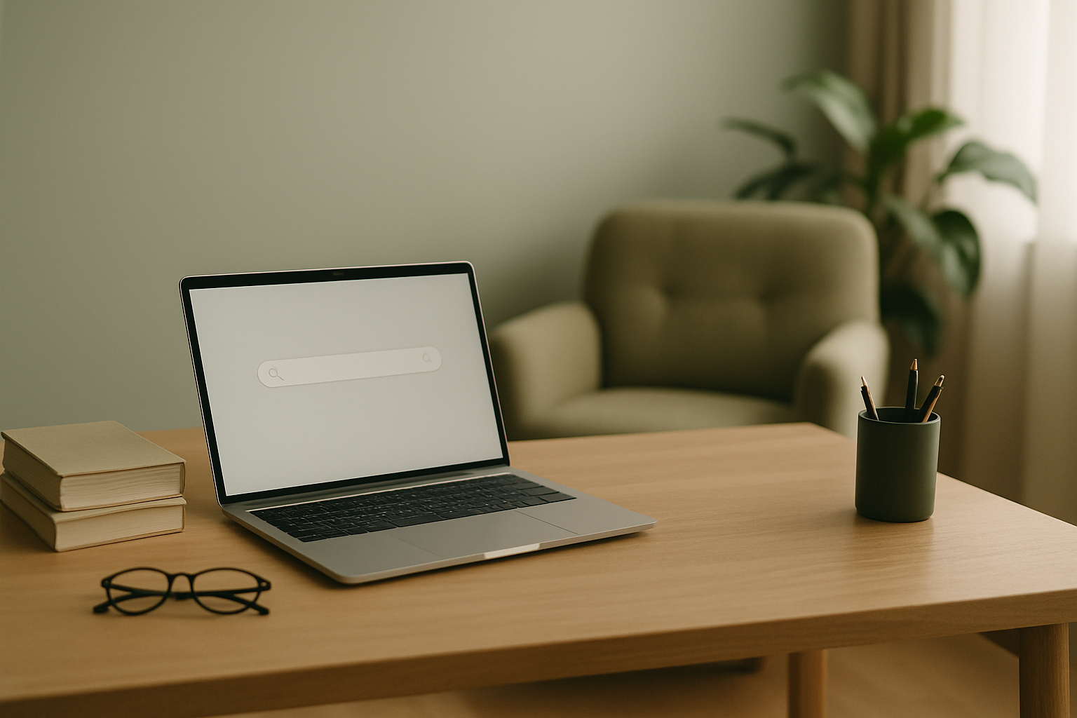 Consultório de psicologia com laptop e poltrona, representando Google Ads para psicólogos dentro das regras do CFP
