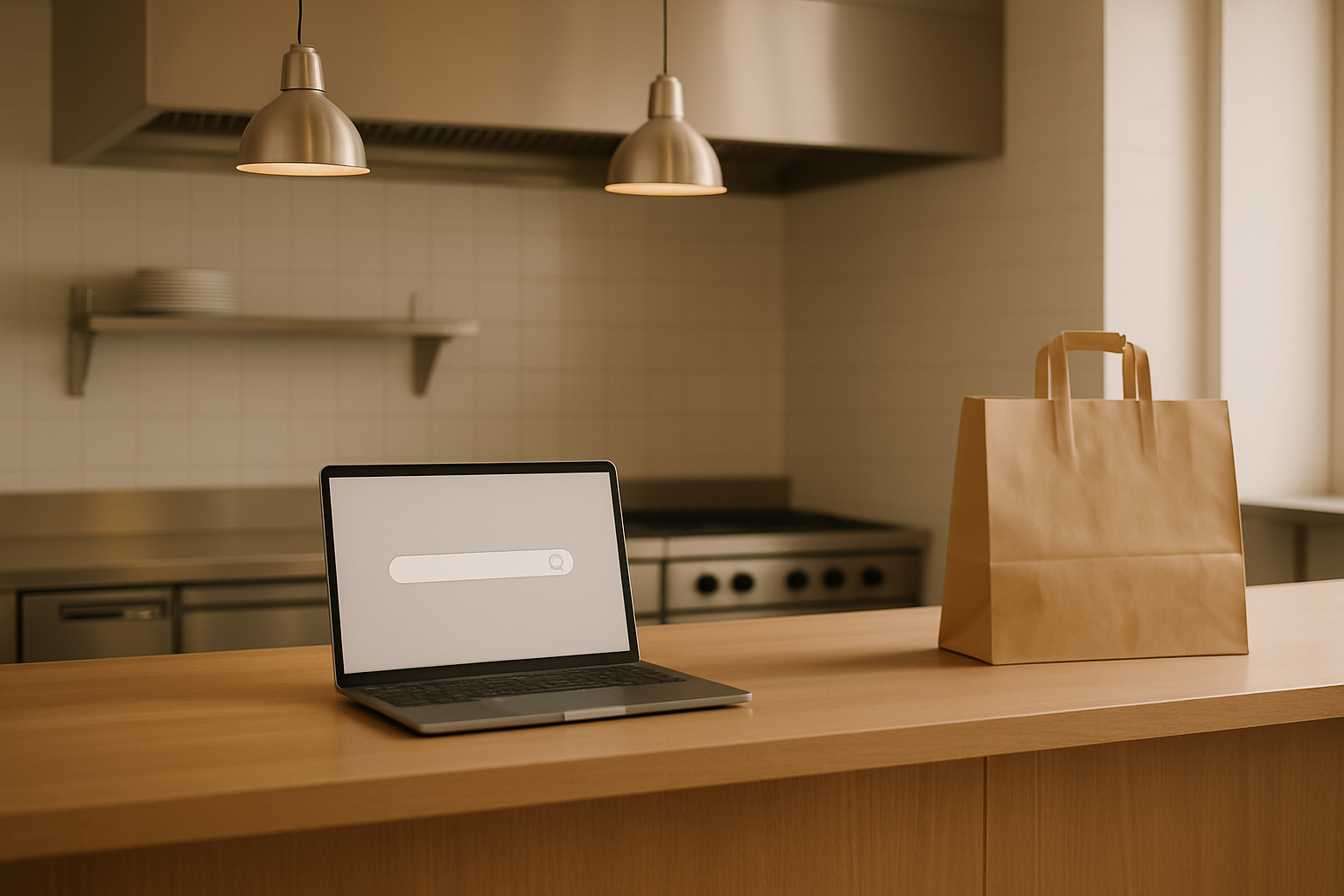 Balcão de restaurante com laptop mostrando busca e sacola de delivery, representando Google Ads para restaurantes