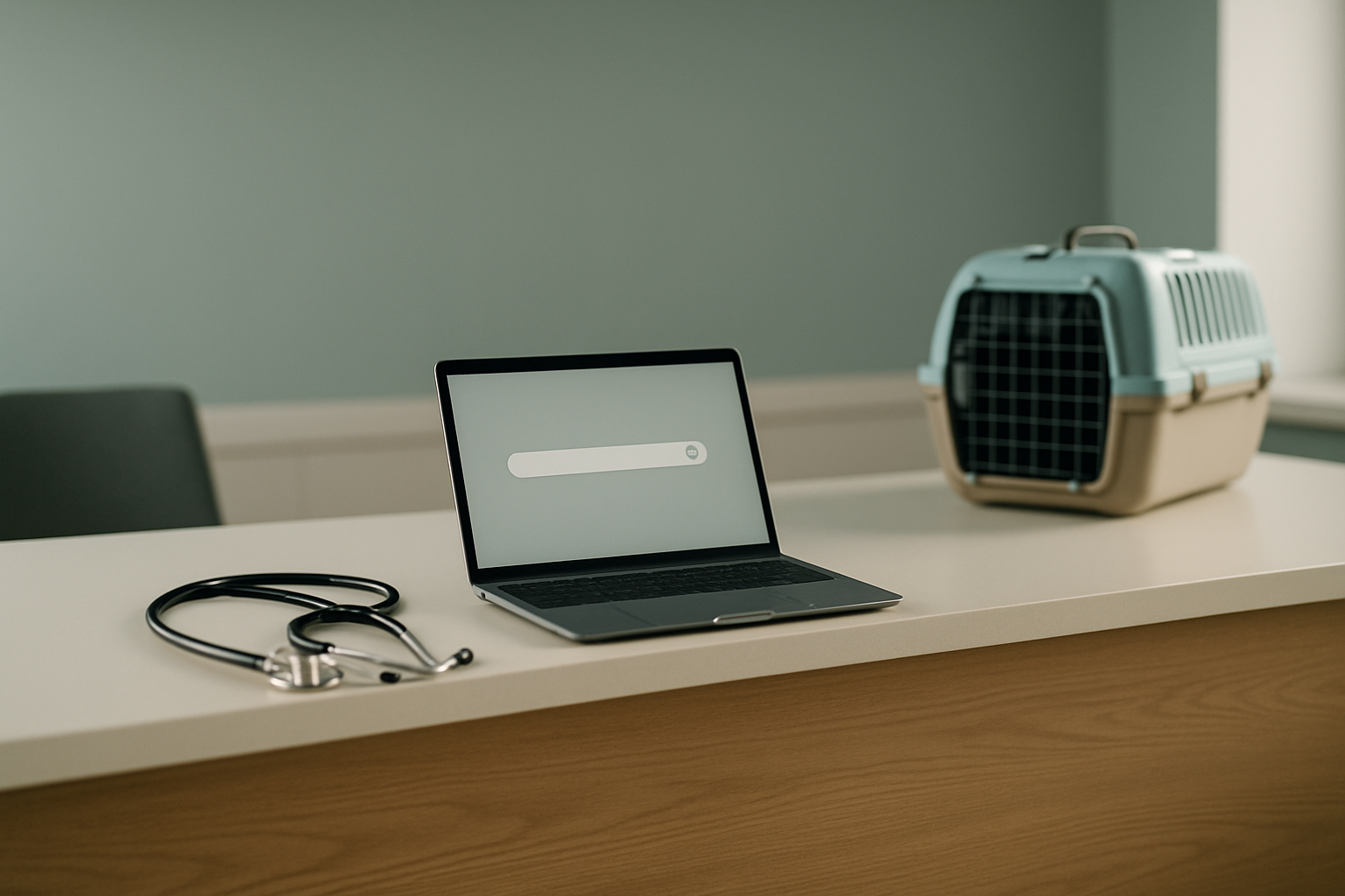 Recepção de clínica veterinária com laptop e estetoscópio, representando Google Ads para veterinários dentro das regras do CFMV