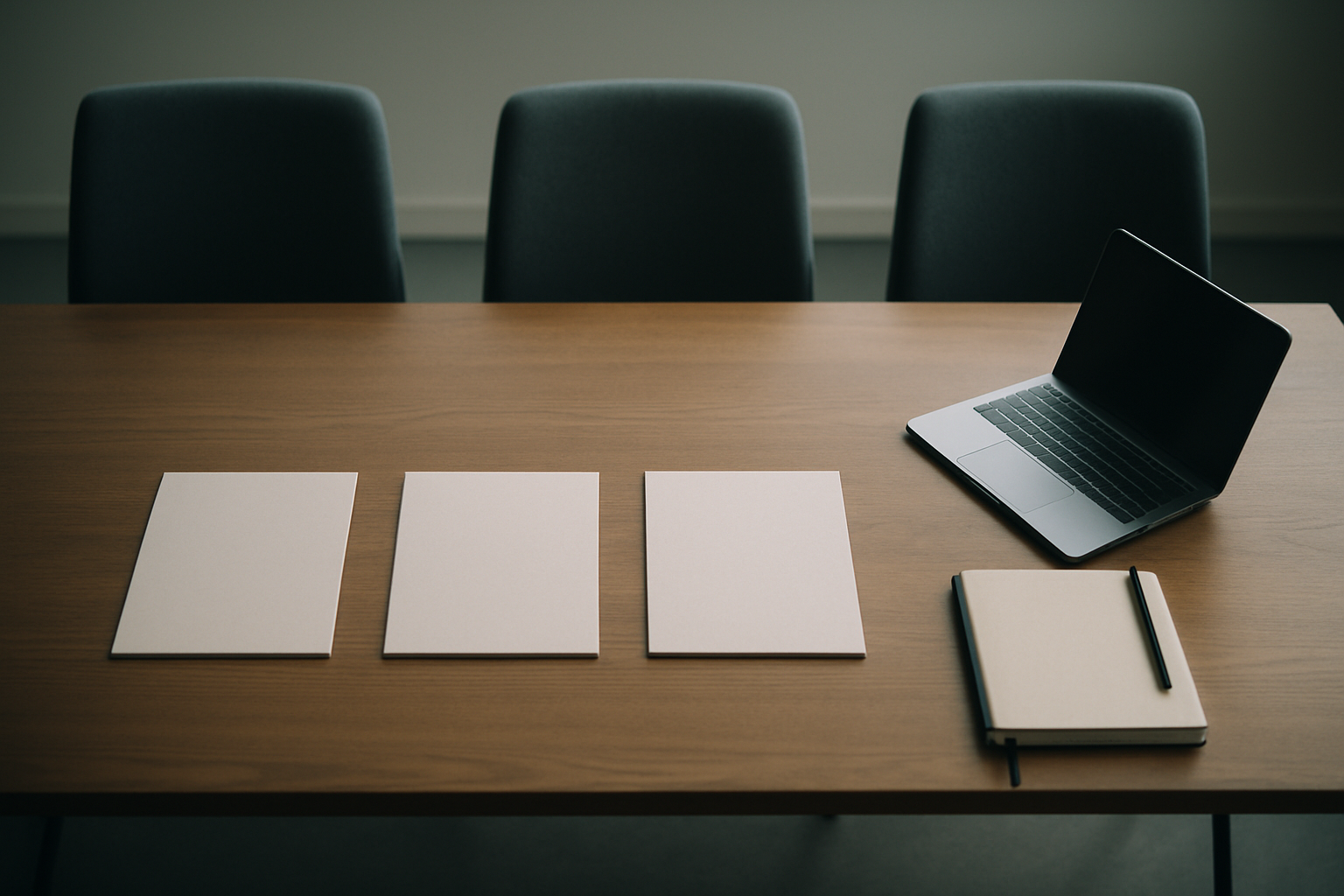 Mesa de reunião com três cadeiras vazias e um notebook aberto, representando a escolha entre agência, freelancer e gestor interno para Google Ads
