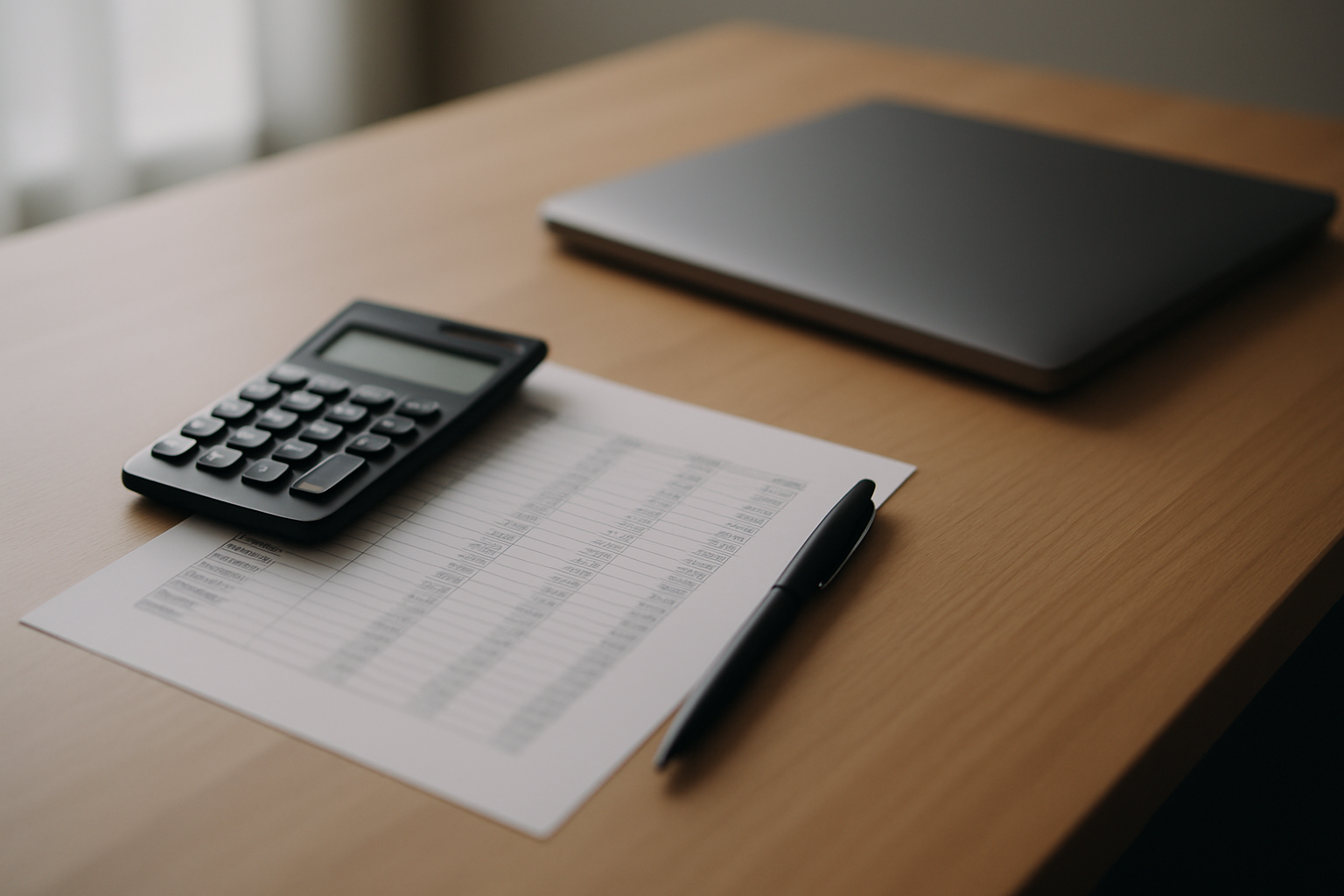 Calculadora, caneta e planilha de orçamento sobre mesa de escritório, representando o custo de contratar uma agência de Google Ads